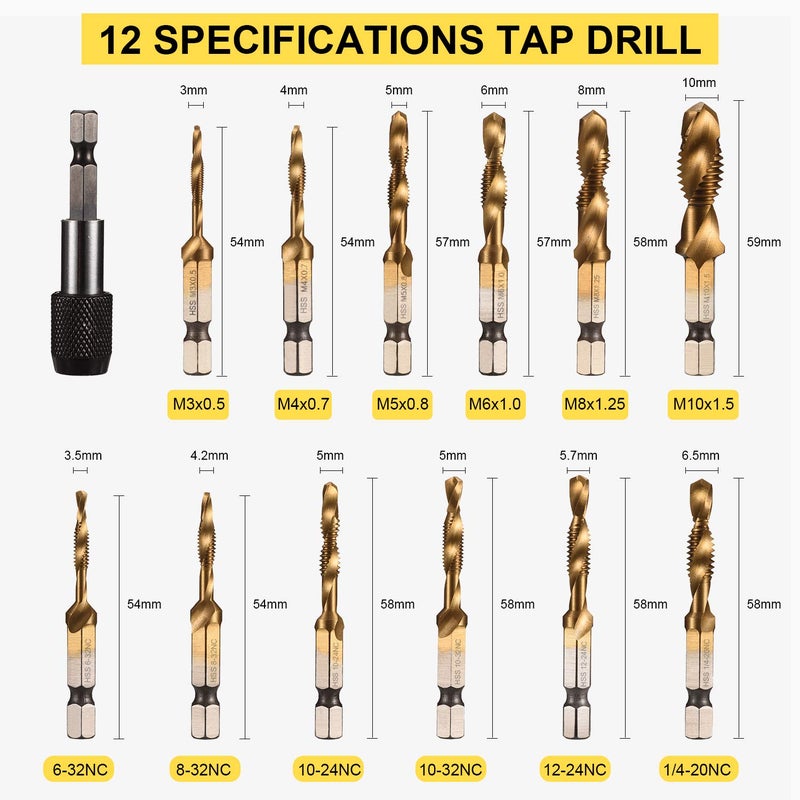 THINKWORK Combination Drill Tap & Tap Bit Set, 3-in-1 Titanium Coated Screw Tapping Bit Tool for Drilling, Tapping, Countersinking, with Quick-Change Adapter, 13 PCS SAE/Metric - Image 3